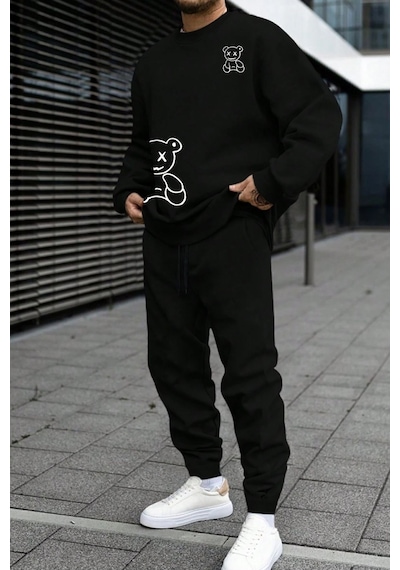 Uyguntarz Unisex Draw Bear Baskılı Bisiklet Yaka Sweatshirt - 2'li Eşofman Takımı Siyah Uyguntarz Unisex Draw Bear Baskılı Bisiklet Yaka Sweatshirt - 2'li Eşofman Takımı Siyah