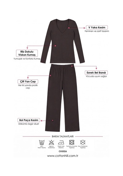 Cottonill Premium - Serene Collection Vizon Rib Dokulu Bol Paça V Yaka Viskon Kadın Pijama Takımı