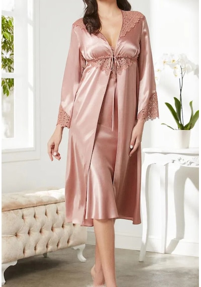 Pierre Cardin 6700 Saten Sabahlık Pijama Gecelik 6 Lı Takım Pudra