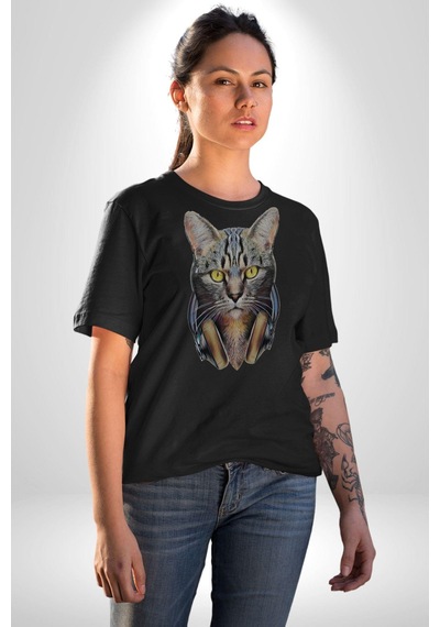 Kulaklık Kedi Unisex Unisex Siyah Organik Baskılı T-shirt Penye Yüksek Kalite Siyah