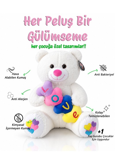 Renkli Kalpli Ayıcık Peluş Oyuncak Ayıcık 60cm - Hediyelik Peluş Oyuncak 001 - Beyaz
