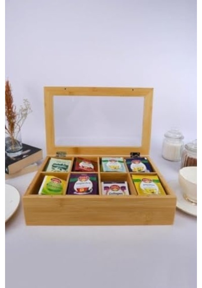 Bambu Çay Kutusu 8 Bölmeli Kapaklı Bitki Çayı Saklama Kabı Kahverengi - Mg-001