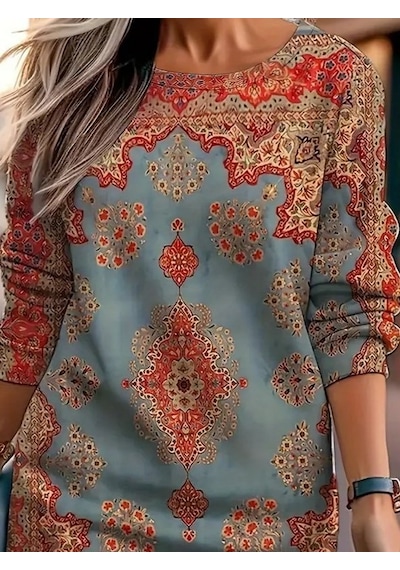Modi Kadın Uzun Kollu Yuvarlak Yaka Desenli Mini Modal Elbise