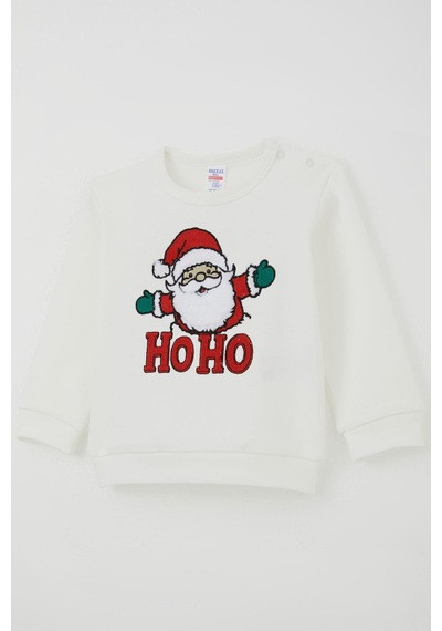 Breeze Erkek Bebek Pijama Takımı Omuzdan Patlı Peluş Sakallı Hoho Noel Baba 4 Ay-1 Yaş, Ekru Ekru