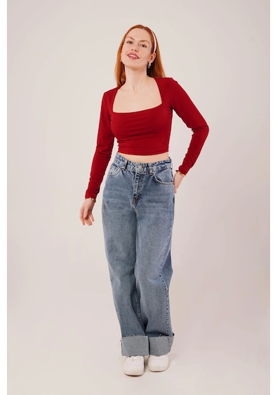 Defymoda Kare Yaka Basic Bordo Bluz Bordo