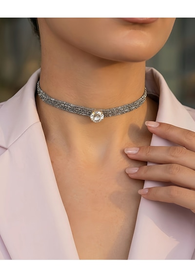 Kordon Zincir Örme Kristal Taşlı El Yapımı Choker Tasma Şeffaf Silver Renk Kolye Şefffaf