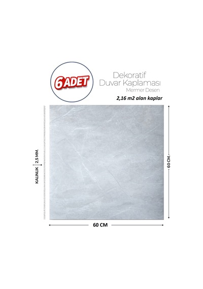 60x60 Cm Kendinden Yapışkanlı Duvar,banyo,tezgah Arası Açık Gri Mermer-6 Adet 902-60-6