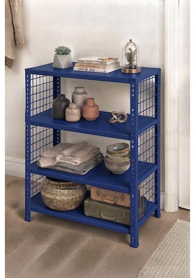 4 Katlı Renkli Tel Kafesli Dekoratif Çelik Raf - Çiçeklik Rafı, Ofis Rafı 0,70 Mm Sarı-43x60 Cm-200 Cm
