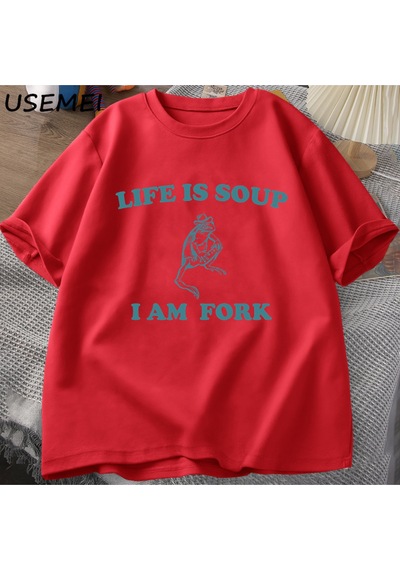 Flood Of Style Hayat Çorba Ben Çatal Kurbağa Grafik T Shirt Pamuk Unisex Komik Retro Tişört Yaz Hayvan Baskı Kırmızı