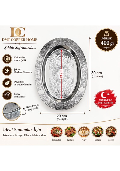 430 Kalite Krom Çelik Nakışlı Kayık 1adet Sunum Tabağı 30x20 Cm Gümüş