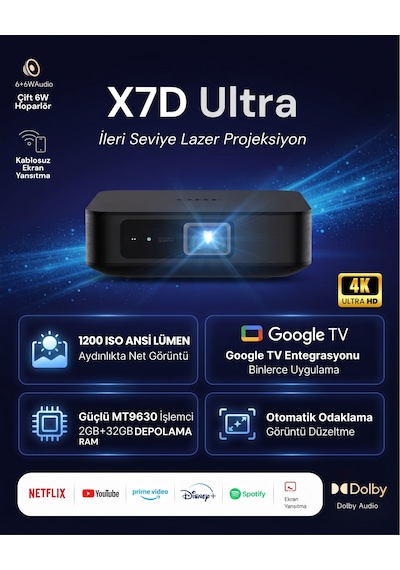 OBE X7D Ultra Google TV Destekli 4K 1200 ISO Otomatik Odaklı Akıllı Projeksiyon Cihazı