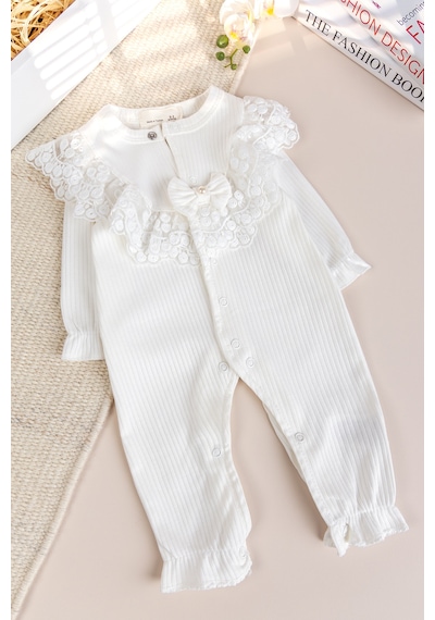 Babymod Güpürlü Fiyonklu 100% Pamuk Kız Bebek Tulum Ekru