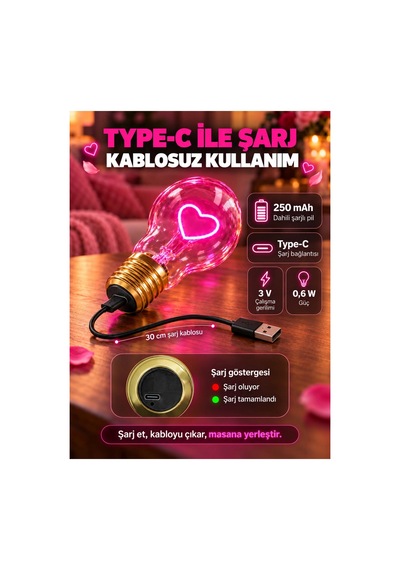 Kalp Şeklinde Neon Dekoratif Masa Lambası Ampul Şeklinde Yeni Nesil Aydınlatma Pembe Çok Renkli