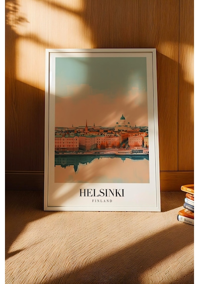 Helsinki Finland Vintage Seyahat Posteri Çerçeveli Tablo - Premium İskandinav Elit Duvar Dekoru Beyaz