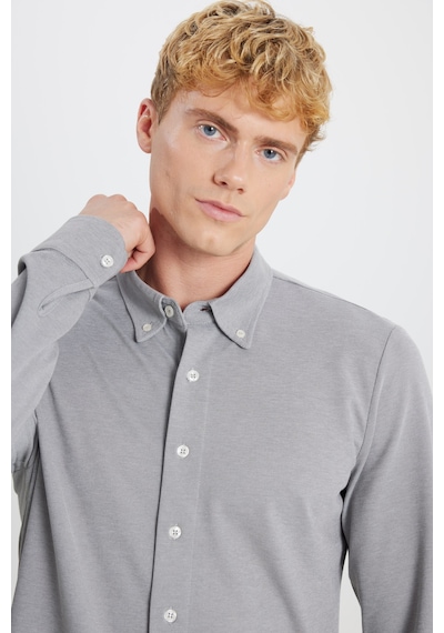 AC&Co / Altınyıldız Classics Erkek Grı Pamuklu Tailored Slim Fit Dar Kesim Düğmeli Yaka Örme Gömlek Gri
