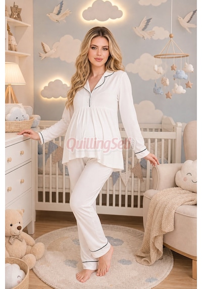 Quilling Lady Ekru Renkli, Kol Ve Paçaları Manşetli, 33202 Uzun Kol, 2 Parça Lohusa Hamile Pijama Takımı M - L