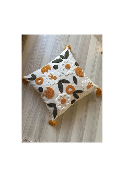 Punch Nakışlı & Püsküllü Kırlent Kılıfı Krem Kumaş Turuncu - 756604522 Turuncu