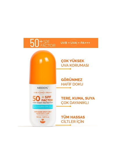 Nedox Leke Karşıtı Tüm Ciltler için Nemlendirici Güneş Kremi SPF 50+ 100 ML
