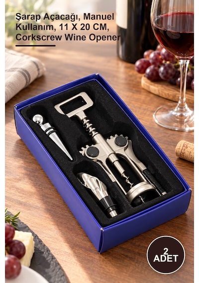 2 Adet Tirbuşon Seti Şarap Açacağı, Manuel Kullanım, 11 X 20 Cm, Corkscrew Wine Opener Bal