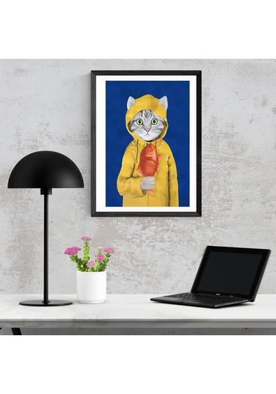 Sarı Yağmurluklu Kedi Temalı Dekoratif Tablo Sök Tak Çerçeve