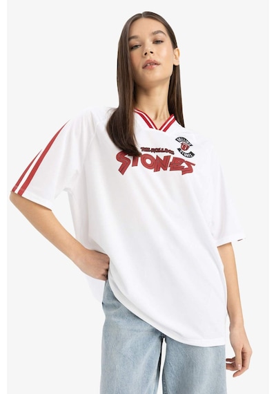 DeFacto Rolling Stones Oversize Geniş Kalıp V Yaka Sırt Baskılı Kısa Kollu Tişört E6139AX25SMWT34