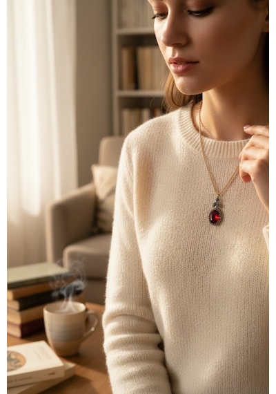 Kristal Taşlı Oval Kesim Kolye Kırmızı