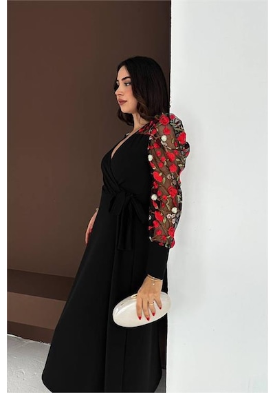 Neşeli Butik Kadın Siyah Tül Kol Çiçek İşlemeli Midi Boy Elbise Nbk4409 Siyah Neşeli Butik Kadın Siyah Tül Kol Çiçek İşlemeli Midi Boy Elbise Nbk4409 Siyah
