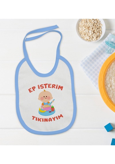 BK Kids Ep İsterim Tasarımlı Mavi Bebek Mama Önlüğü-5