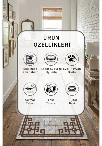 Atiye Dijital Baskılı Kaymaz Yıkanabilir Yolluk Açık Gri