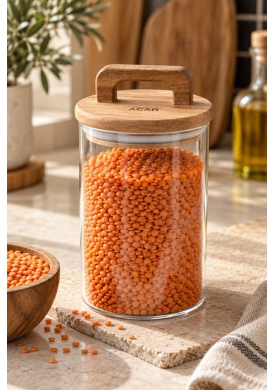 Atbyhome 9'lu Kulplu Akasya Kapaklı Borosilikat Cam Kavanoz Seti 900 Ml - Vakumlu Erzak Bakliyat Kabı Ahşap - Şeffaf