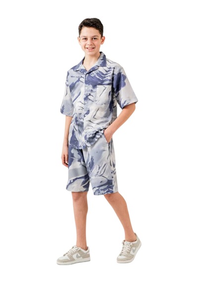 İrem Erkek Çocuk Batik Desenli Mavi Gömlek Şort Oversize İkili Takım