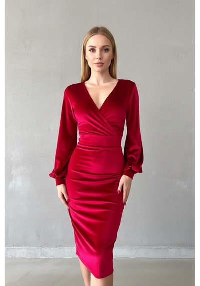 Defymoda Kadın Asimetrik Kesim Kruvaze Elbise Kırmızı
