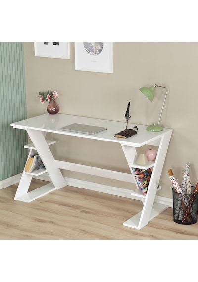 Pasific Home Lungo Raflı Çalışma Masası, Ofis Masası, 60X140 Cm, Parlak Beyaz