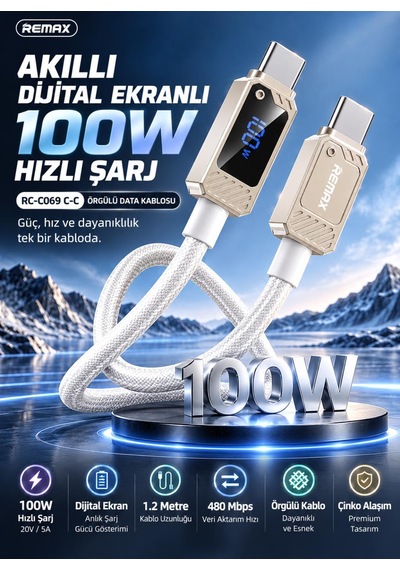 Remax Suxien Rc-c069 100w Pd Dijital Ekranlı Type-c To Type-c Hızlı Şarj Ve Data Kablosu 1.2 Metre Beyaz