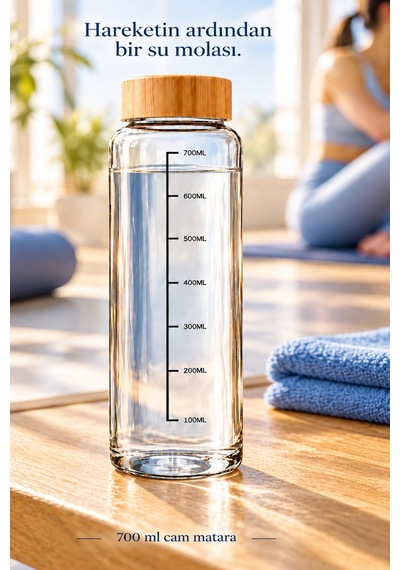 Tilbe Home Bambu Kapaklı Cam Matara Sporcu Suluğu Taşınabilir Su Şişesi 700 Ml Vakumlu Suluk Şeffaf