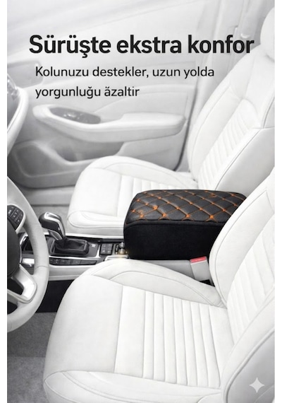 Lüks Oto Kolçak Kol Dayama Koltuk Arası Organizer Cepli Vidasız Montaj Siyah Deri Turuncu Dikiş