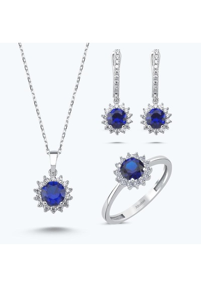 Altınbaş Mavi Taşlı Altın Üçlü Çiçek Set Utkvr0045-24627-set