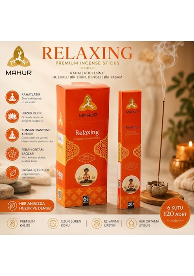 Mahur Relaxing Rahatlatıcı Çubuk Tütsü 120 Adet 6 Kutu X 20 Adet, Premium Kokulu Tütsü, Ev Ofis Yoga Ve Meditasyon İçi