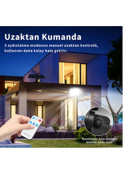 Etashop 228 Led Güneş Enerjili Sensörlü Dış Mekan Lamba Uzaktan Kumandalı Ip65 Projektör Bahçem Gara Çok Renkli