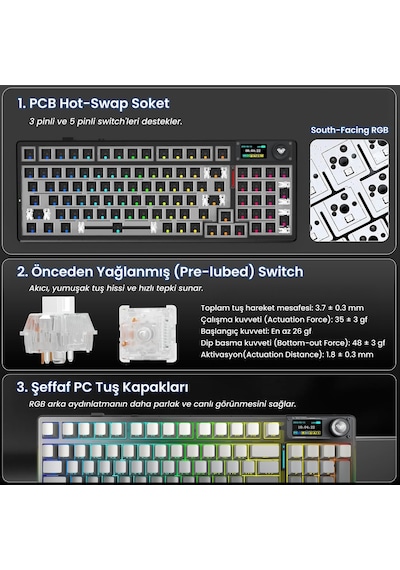 Aula F98 Pro V3 Oled Ekranlı Crystal Switch Makrolu Kablosuz Rgb Hot-swap Gasket Pre-lubed Switch Mekanik Klavye Gradyan Gri