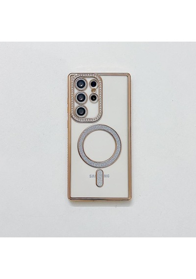 Samsung Galaxy S25 İçin Magsafe İle Uyumlu Kılıf Simli Kamera Kenar Taşlı Kapak Gold