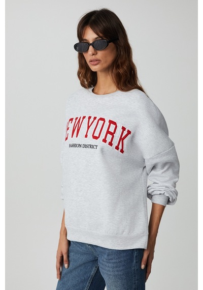 Ethıquet JORDIN Kadın Uzun Kollu Yuvarlak Yaka Önü Aplike Nakışlı Düşük Omuz Oversize Grimelanj Sweatshirt