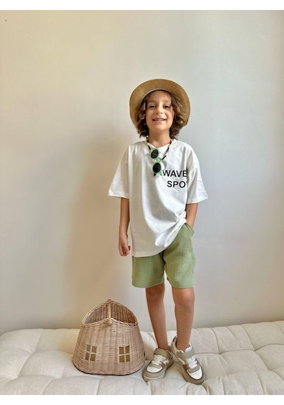 Erkek Çocuk Palmiye Baskılı Müslin Şortlu Takım Mint