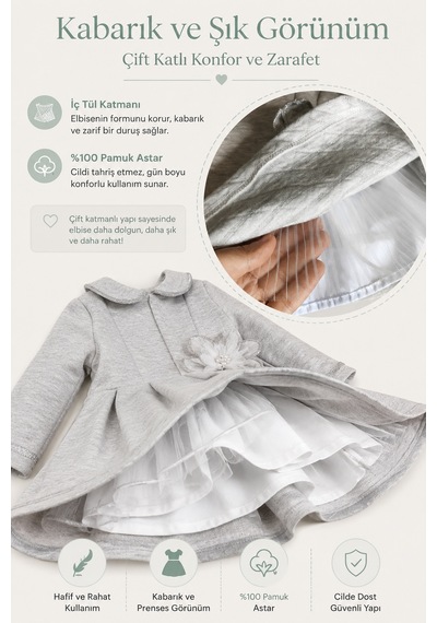 Babyhola Kız Çocuk Işıltı Detaylı Kapitone Elbise Quenn Collection 13986 Gri