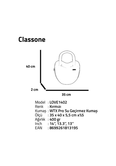 Classone Love1402 13-14 Inch Wtxpro Su Geçirmez Kumaş, Apple Uyumlu MacBook ,mac Air Laptop El Ve Omuz Çantası - Kırmızı