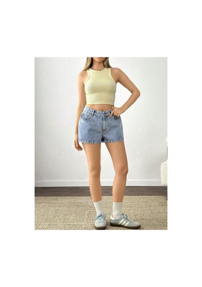 Kene Jeans Arka Tek Cep Nakışlı Kısa/mini Buz Kar Denim Şort Mavi