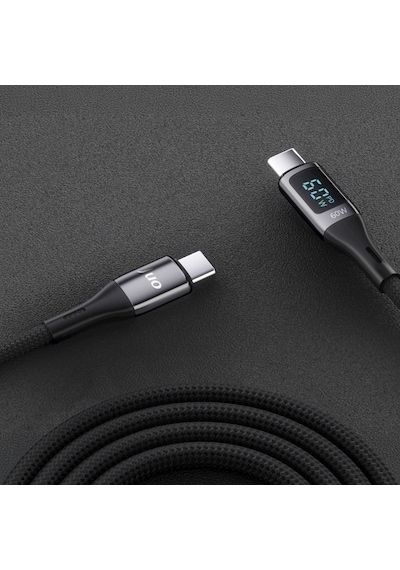 Juo 60W Dijital Led Ekranlı Örgülü Usb Type-c To Type-c Hızlı Şarj ve Data Kablosu 1M