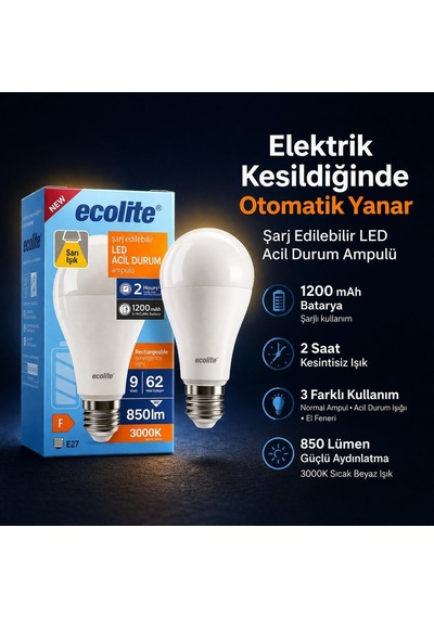 Ecolite Şarjlı Led Acil Durum Ampulü 9w E27 Sarı
