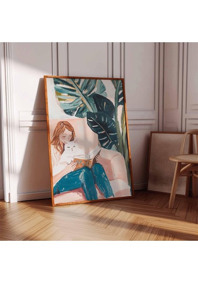Beyaz Kediyle Kitap Okuyan Kız Posteri Botanik Temalı Oturma Odası Sanat Baskısı