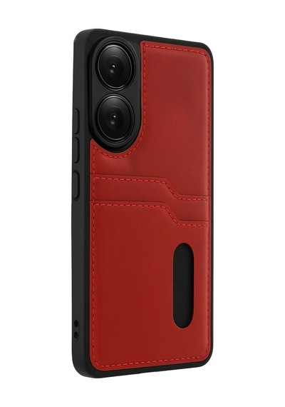 Oppo A38 Sara Kartvizitli Deri Kılıf - Kırmızı Kirmizi